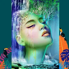 In this fantasy artwork, I imagined a woman whose being is intertwined with a waterfall and forest. This piece is about becoming one with nature, and I used bright, vivid colors to create a magical atmosphere.