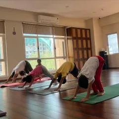 Our little yogis practicing Adho Mukha Svanasana (Downward-Facing Dog). It's wonderful to see them build strength and awareness from a young age.