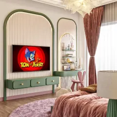 The entertainment and study corner of the kids' room, complete with a TV unit and a vanity desk designed with playful arches and colors to match the room's theme.
