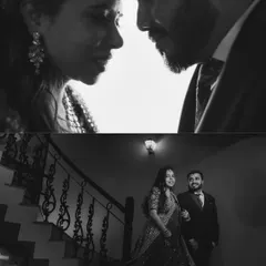 A black and white collage capturing intimate moments. The high-contrast lighting and close-up angles create a dramatic and emotional series of images.