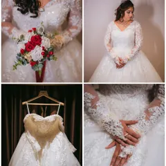 A collage showcasing the beautiful details of a Christian bride's attire, from the intricate lace on her gown to the delicate bouquet and sparkling rings.