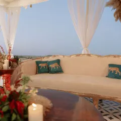 For this desert lounge, we chose an earthy, neutral palette with pops of color, like these custom tiger-embroidered cushions. The decor was designed to complement the stunning landscape, not compete with it.