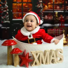 The magic of Christmas. This baby boy, dressed as Santa, has the biggest smile in our festive holiday-themed studio session.