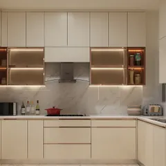 For a clean and luminous feel, we used a high-gloss acrylic finish in this kitchen. The design is completely handleless, incorporating sleek golden profile handles that add a touch of understated luxury.