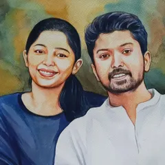 A beautiful couple portrait created in a digital watercolor style. This technique gives the artwork a soft, blended look that is very artistic and romantic.
