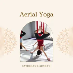 A graphic from our weekend aerial yoga classes. Inversions like this are a core part of our practice, helping you take your wellness to new heights.