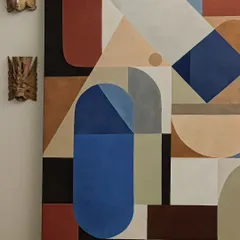 For this piece, I focused on the interplay of shape and color. This large geometric abstract painting uses a balanced composition of blues, browns, and neutral tones to create a modern and sophisticated look for interior spaces.
