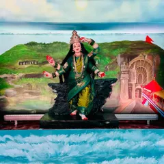 This is a full view of my Aagri Koli themed Navratri installation. My goal was to wrap the entire room in art, from the hand-painted waves on the floor to the depiction of Ekvira Mauli's temple in the background, celebrating my cultural roots.