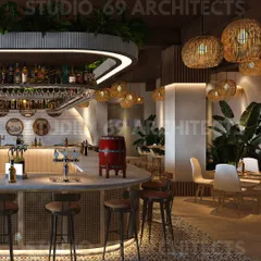 A 3D render of a pub interior, showcasing a warm and inviting atmosphere with rattan pendant lights, a curved bar, and lush greenery. This visual helps clients see the design before construction begins.