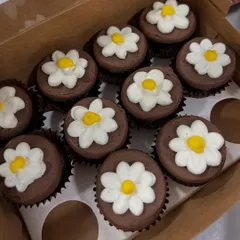 Mini cupcakes! Because they're smaller, you can have twice as much without the calories, right? These are mini chocolate cupcakes with cute little buttercream daisies on top.