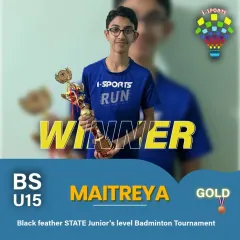 State Level Champion. Maitreya stands proud after clinching the Gold medal in Boys Singles U15 at the Black Feather State Junior's Badminton Tournament, a fantastic display of skill and focus.