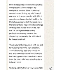 Ashwini describes A&Y as her "second home," a place that set the right course for her professional journey. We are humbled to have been a part of her growth.