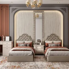 A front view of the elegant shared bedroom, showcasing the symmetrical design. The tufted headboards, ornate mirror, and classic furniture create a luxurious and balanced space that two children can share comfortably.