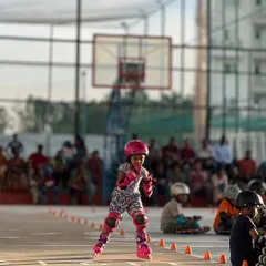 The basketball hoop in the background shows the versatility of our court, here set up for a major skating event.
