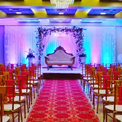 A classic stage setup for an engagement or small reception at Celebration banquet hall. This 180-seater AC hall is an affordable option for intimate functions.