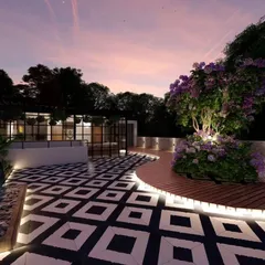 A beautiful evening view from a 3D design, showcasing a curved wooden deck with integrated lighting around a feature tree, and a glass room in the background.