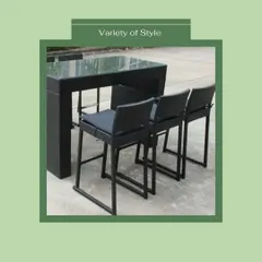We offer a variety of styles to match your aesthetic. This bar set features a clean, minimalist design with a glass-top table and cushioned bar stools, offering a contemporary look for any modern outdoor space.