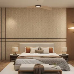 In another bedroom from the same Kangra villa, we used a patterned wallpaper with geometric inlays to create a feature wall. The design is contemporary yet warm, with a neutral palette and natural materials.