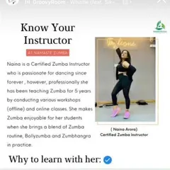 For those who want to know a bit more about me. I am a Certified Zumba Instructor (ZIN) with over five years of experience in teaching both online and offline workshops. I love blending different styles like Bollyzumba and Zumbhangra to keep things exciting.