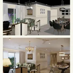 A before-and-after comparison showing the transformation of a living and dining space from a basic 3D model to a fully rendered, photorealistic image.