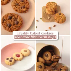 A collage showcasing some of our freshly baked cookies that taste like warm hugs. You can see our classic chocolate chip, thumbprint cookies, and more.