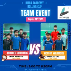 A team event matchup from Day 5 of the Rolling Cup. The Thunder Shuttlers versus the Victory Warriors, with both teams eager to advance.