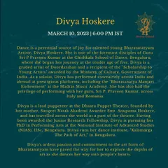 An announcement for my performance at the prestigious Jharna 2023 festival hosted at Bharatakalanjali. It is an honor to be recognized as a dancer who explores the depths of art.