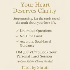 Your heart deserves clarity. This graphic outlines the key features of my personal sessions: unlimited questions, no time limit, and accurate, soul-level guidance, with a clear call to action to book.