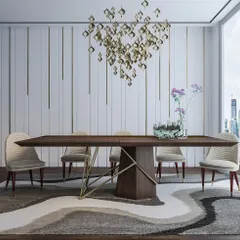 Transform your dining experience with this elegant table. The rich wood top and sculptural base, paired with comfortable upholstered chairs, create the perfect setting for memorable meals.