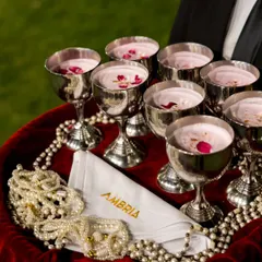 Elegance in a glass. We serve refreshing and delicate rose milk in beautiful silver goblets, adding a touch of royalty and tradition to your welcome drinks.