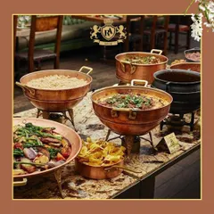 My signature buffet setup brings a touch of grandeur to any occasion. I use elegant copper and brass chafing dishes to keep main courses like biryani and curries perfectly warm, creating a dining experience that feels both luxurious and inviting.