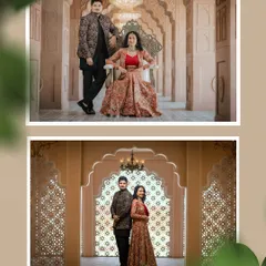 A pair of regal portraits within a palace setting, featuring ornate arches and chandeliers. This shows how I capture both seated and standing poses for a complete royal look.
