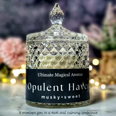 Experience a touch of luxury with my Crystal Sparkle Jar candle. This one, in the musky and sweet 'Opulent Haven' fragrance, is hand-poured with natural soy wax and designed to be a beautiful decor piece long after the flame goes out.