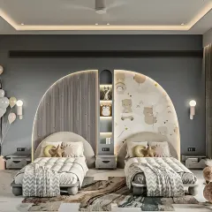 This shared bedroom for two children features custom-designed arched headboards with integrated lighting and shelving. The symmetrical layout and soft color palette create a harmonious and calming space.