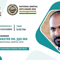 Announcing Master Dr. Jijo MG as an awardee at the National Martial Arts Award 2022. We believe in honoring the masters and gurus who dedicate their lives to the promotion and teaching of traditional martial arts.