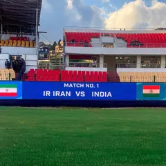 The digital scoreboard displays the matchup between Iran and India. We provide and operate all on-field screens, including scoreboards and giant replay screens.