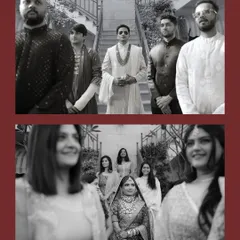 A classic black and white collage of the bride with her bridesmaids and the groom with his groomsmen, capturing the anticipation of both sides.