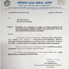 An invitation to speak on the topic of "Legal Awareness of Protection-cum-Prohibition Officer" under the Domestic Violence Act, 2005.