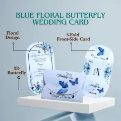 It’s all in the details. This blue floral butterfly wedding card features a 3-fold design with a 3D butterfly for a whimsical and charming effect.