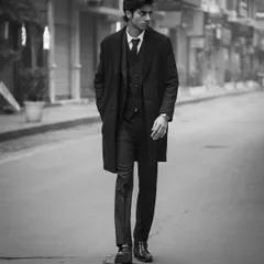 A full-length shot of a model in a three-piece suit walking down an empty street. This black and white image has a classic, cinematic feel, like a still from a film.
