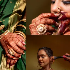 A collage of the bride's getting-ready moments, from the final touches of makeup to putting on her nose ring and showing off her intricate hand jewelry.