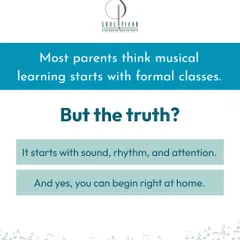 Many parents believe musical learning starts with formal lessons, but the journey truly begins at home. This graphic explains that the foundation is built with simple explorations of sound and rhythm, long before the first class.