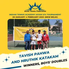 We celebrate the champions of the ATF Asian U14 Tournament we hosted. This image showcases the winners of the Boys' Doubles category, reflecting the high level of competition and our role in managing officially sanctioned international junior tennis events.