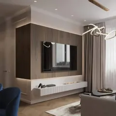 A minimalist approach to a TV unit, where the wood-paneled wall itself becomes the feature. The floating white console and subtle backlighting keep the focus on clean lines and an uncluttered aesthetic, perfect for a modern living space.