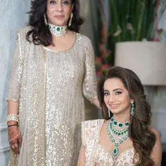 My client, the sister of the bride, pictured with Tina Ambani at the Mehandi ceremony. I curated a look of understated elegance for this high-profile Bollywood wedding.