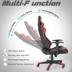This diagram shows the multi-functionality of the gaming chair, including its 360-degree swivel, rocking function, height adjustment, and backrest recline from 90 to 160 degrees.