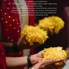 A moment from a traditional ceremony, with hands full of marigold petals. Flowers are central to my designs, bringing joy, tradition, and warmth to every ritual.