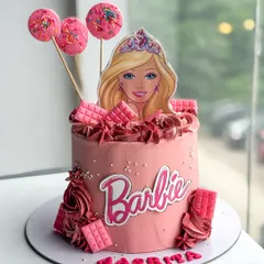 Come on Barbie, let's go party! This vibrant pink Barbie-themed cake is a dream for any fan. It's a buttercream cake decorated with a Barbie topper, pink chocolate bars, and matching cake pops, perfect for a fun and stylish birthday party.