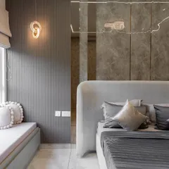 A melody of modern design and timeless elegance. This luxury kid’s bedroom features a musical-themed wall décor, a sleek built-in study unit, and a custom-designed bay window seating area that invites calm and inspiration.