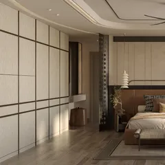 Functionality meets style with these floor-to-ceiling wardrobes, featuring a clean grid pattern that adds visual interest without overwhelming the space. A compact vanity nook is seamlessly integrated, making the most of the room's layout.